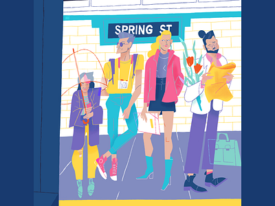 April 2020 character design colourful dani maiz editorial illustration flowers illustration love nysubway spring station umbrella waiting
