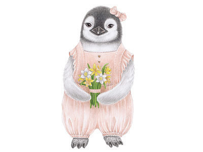 Baby penguin with flowers animal art artist artwork baby baby shower draw drawing flowers friendship gift greeting card illustration illustration art illustrations inspiration kids illustration mothers day penguin wall art wall decor