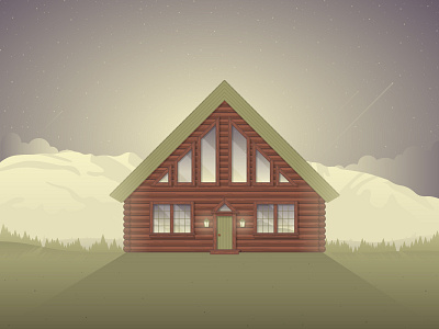 Log Cabin cabin clouds gradient illustration light log cabin mountains shadow stars trees