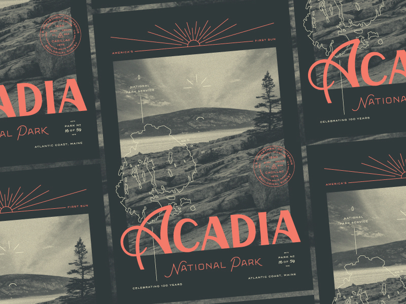 Acadia Type Hike acadia arrow arrowhead centennial duotone geological survey halftone lettering national park sun termina type hike