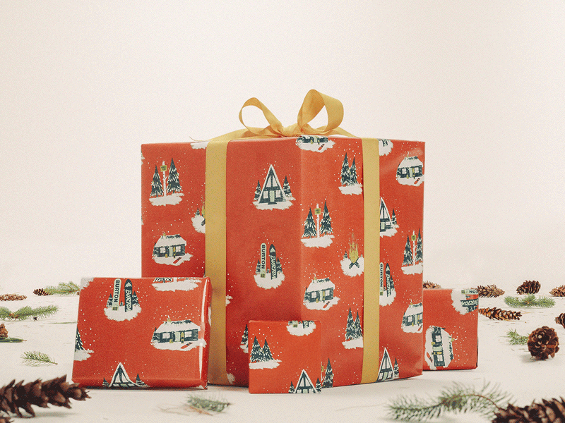Burton Gift Guide Wrapping Paper bow cabin christmas holiday needles pine pine cones ribbon snowboards trees wrapping paper