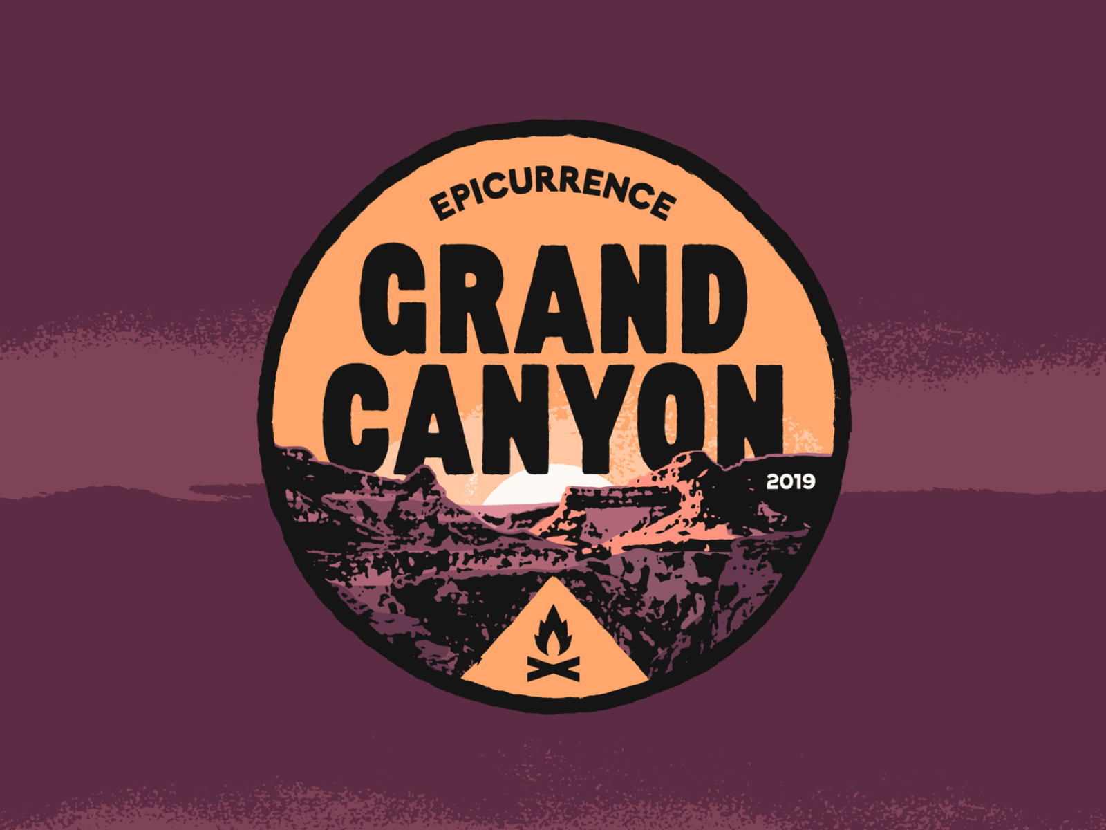 Epicurrence Grand Canyon type bitmap lockup badge horizon mountains camping campfire sunset sun painted textured typography illustration outdoors grand canyon