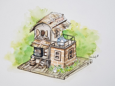 totoro treehouse hand drawn illustration nature nature illustration totoro treehouse watercolor watercolor art watercolor painting