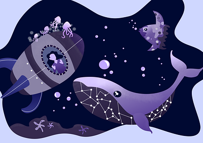 Under Space Outer Sea affinity bubbles digital art flat gradient illustration ocean outer space purple sea space spaceship stars submarine underwater vector whale