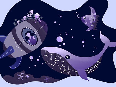 Under Space Outer Sea affinity bubbles digital art flat gradient illustration ocean outer space purple sea space spaceship stars submarine underwater vector whale