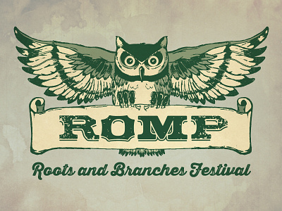 Romp Festival Logo banner bluegrass feathers festival flying illustration logo owl romp sketch texture