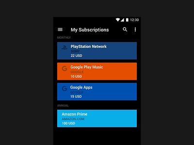 My Subscriptions android app interface material ui user