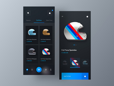 Helmets Store App Concept ✌🏻 app app design app ui clean clean ui dark dark mode dark theme dark ui helmet helmets minimal minimalism mobile mobile app online store race store ui uidesign