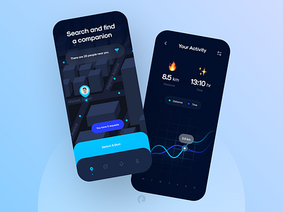 " Find a companion " app concept 🚶‍♂️✨ activity app app design app ui chart clean clean ui companion dark ui design filter location map minimal minimalism mobile trend ui uidesign ux