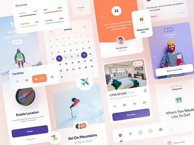 Travel App Components 🏕✌🏻 app app design app ui calendar category chart comments component hotel location map minimal mobile ski story tourism travel trip ui