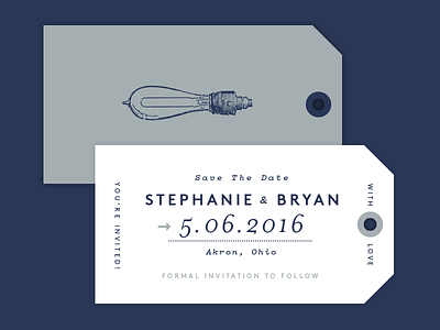 Bryan + Steph Save The Dates design hang tag save the date stationery
