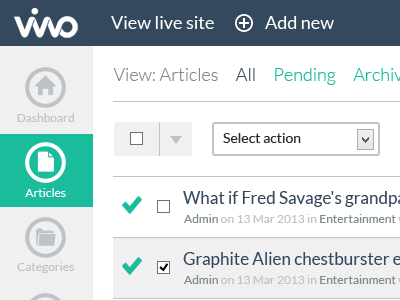 Vivvo Articles Section cms icons lists navigation