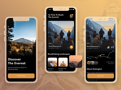 iOS Travel Guide App - UI Design android app blue clean dark gold minimal mountain navigation popular top tour travel
