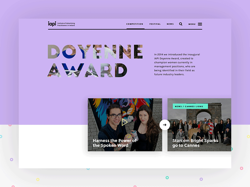 IAPI Doyenne Awards Landing Page advertising awards bold colourful gender grid landing pastel typography ui web website