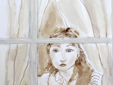 blueyes behind windows faces pen and ink wash drawing