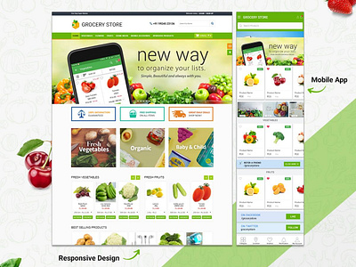 Grocery Responsive Website and Mobile Application branding design graphic design grocery grocery app grocery app ui grocery online grocery website mobile app design online grocery shopping web design website