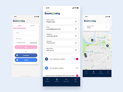 Narvesen Boomerang app bottom navigation buttons design flat food app input fields interaction design login map minimal mobile profile progressive web app retail ui ux