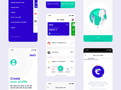 MoQ app branding card design illustration minimal mobile payment ui ux wallet