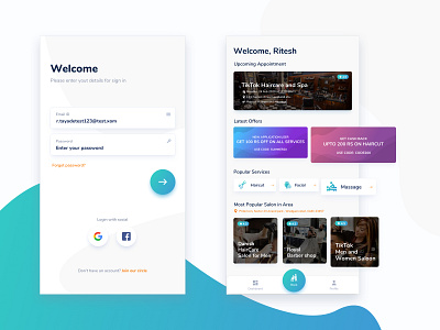 Salon app Login and Dashboard screen. app design typography ui ux