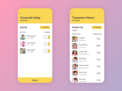 Classroom Economy - Teacher App bank budget card childrens app classroom classroom economy dashboard dashboard ui economy history job listing list students transactions uiux