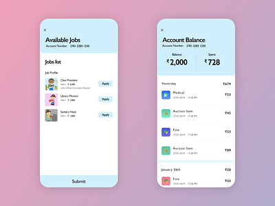 Classroom Economy - Student App bank banking budget card childrens app classroom classroom economy dashboard dashboard ui economy fine history job listing students transaction uiux