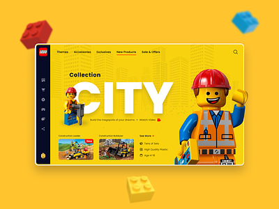 LEGO Landing Page Design blur branding bricks city constructor creator design landing lego minifigures minimal ui ux web website yellow