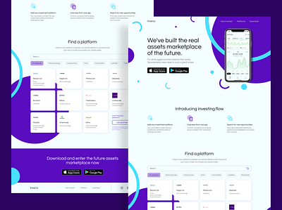 Invst.io app store blue chart clean crypto figma google play growth invest landing page marketplace minimal mobile app platforms search stock ui ux webdesign