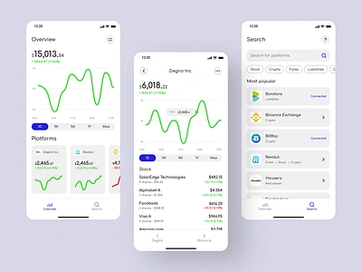 invst.io - mobile app UI app card case chart chips clean crypto dashboard figma flat invest market mobile platform portfolio search stock ui ux white