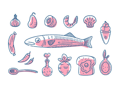 Food Creation chili fish food garlic ice cream illustration line radish sausage shrimp toast