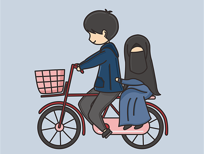 Simi & Cua 2 bicycle bundles cartoon couple cute hijab hijab character illustration muslim muslim character muslim couple ride romantic vector wedding
