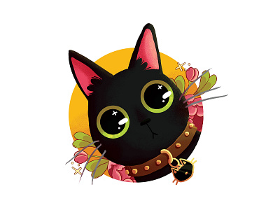 Black cat with flowers