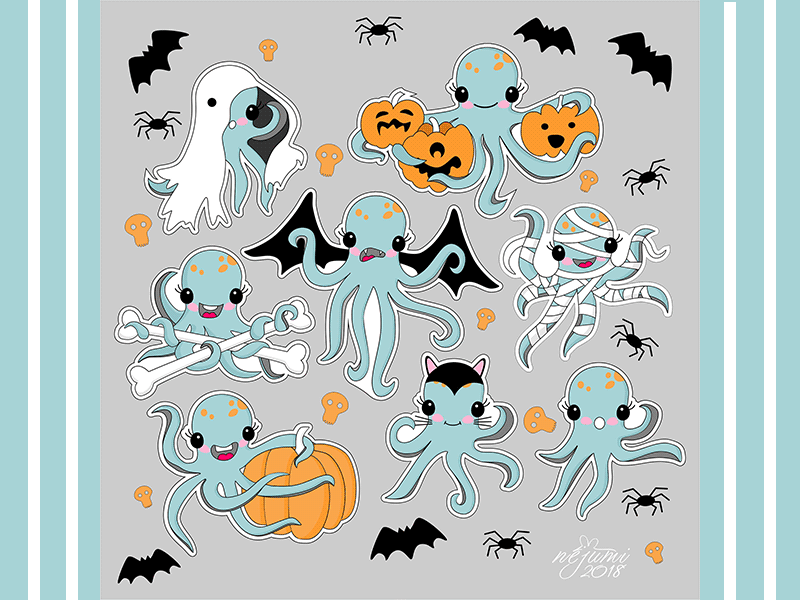 Octopuses for Halloween in unusual costumes. Character autumn character childish cute ghost harvest holiday illustration marine octopus scary tentacles вектор дизайн