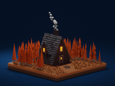 Lowpoly autumn cabin at night 3d autumn b3d blender cabin forest house illustrator isometric low lowpoly render