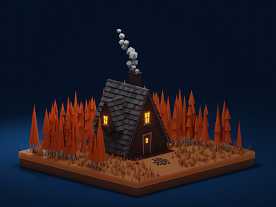 Lowpoly autumn cabin at night