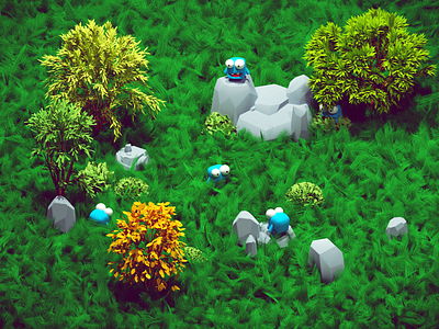 Into the wild 3d blender bush bushes character characters game illustration isometric low poly lowpoly monsters render rock rocks trees