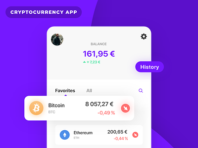 Cryptocurrency App Shot 2 adobe adobexd app bitcoin creative design cryptocurrency design interface purple typography ui uidesign uxdesign wireframe