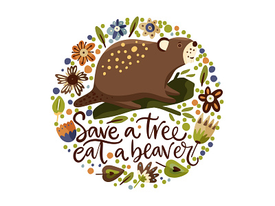 Save a tree - eat a beaver. Funny cartoon vector art.