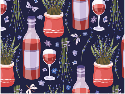 Wine & lavender. Seamless vector art. card cartoon color cute art design drawing dribble floral flower illustration lavender red wine seamless seamless pattern vector wine