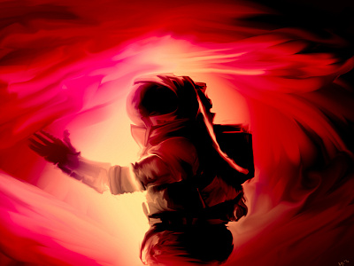 Touching the intangible astronaut concept digital futuristic metal poster red sci fi space suit