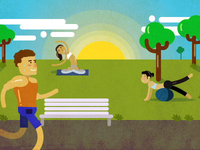 No parque character design exercises happiness health morning muscle park run running sun trees yoga