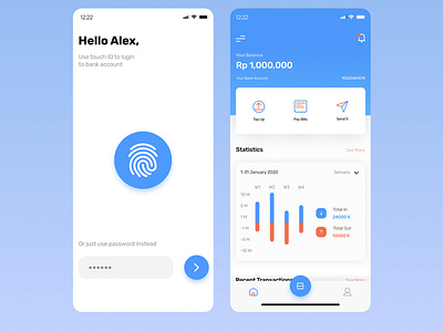 M-Banking Exploration android app bank banking bankingapp branding clean design ecommerce app explorations fingerprint flat ios app design iphone x minimal simple statistics typography ui ux visual design