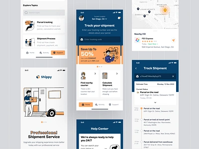 Shippy - Package Tracking App clean courier design faq flat graphic design help ill illustration map minimal onboarding package parcel shipment simple tracking ui unique vintage