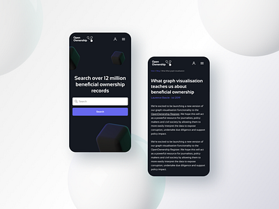 Main page and Blog Article for Open Ownership article black black theme blog button dark theme main page search ui ui design ux