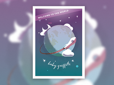 Baby Shower Invite globe illustration moon rocket rocketship script space world