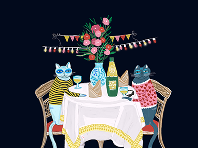 Party for two cats gouache illustration painting