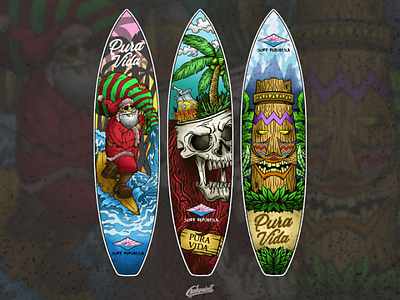 SURFBOARD DESIGN animation artworks beach cartoons characterdesign culture digital illustration digital painting illustration letttering skull surf tiki tropical vector