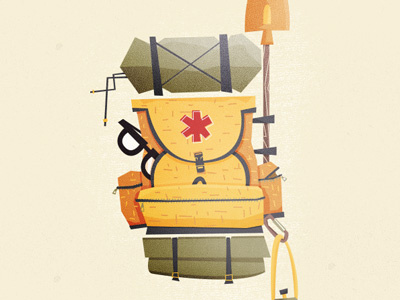 Identity backpack backpack bag camp cartoon glasses illustration scout shovel sleeper sleeping bag travel zipper