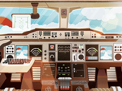 A380 Cockpit Lighting airplane clouds cockpit dashboard detail flare fly illustration lighting moon plane space sun