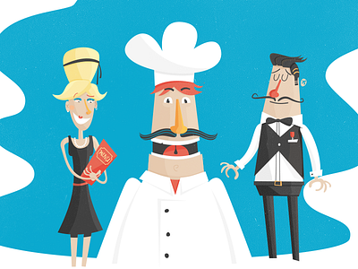 Chef Hostess & Waiter cartoon character chef cook french happy hostess illustration moustache restaurant watier