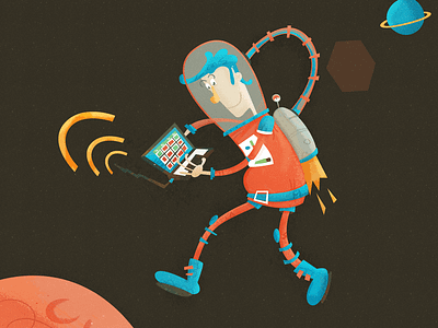 Wifi in space astronaut character float fly illustration jetpack laptop planet rocket space wifi